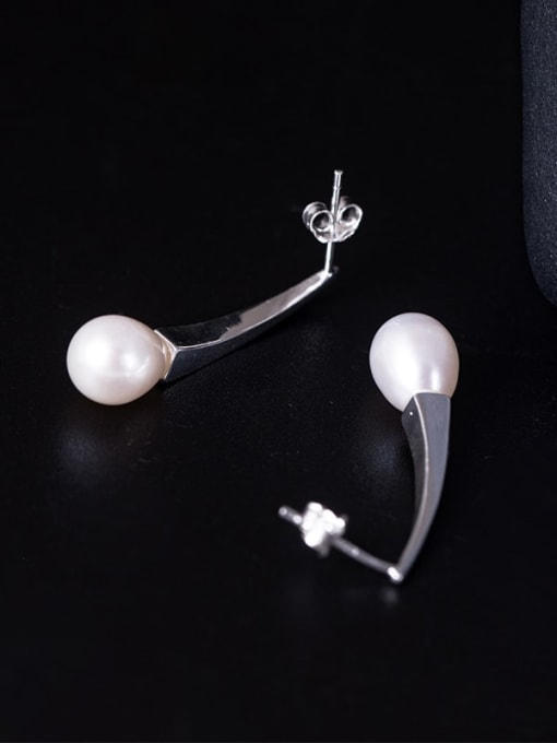 SILVER MI 925 Sterling Silver Imitation Pearl Geometric Minimalist Drop Earring 1
