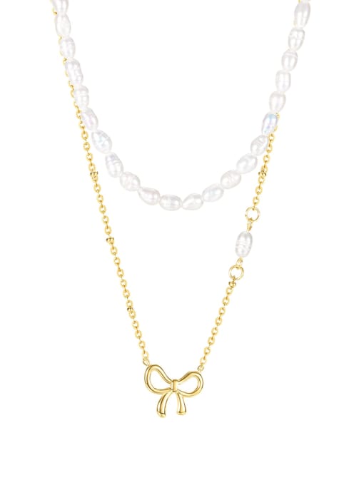 2085 gold Titanium Steel Imitation Pearl Bowknot Minimalist Necklace
