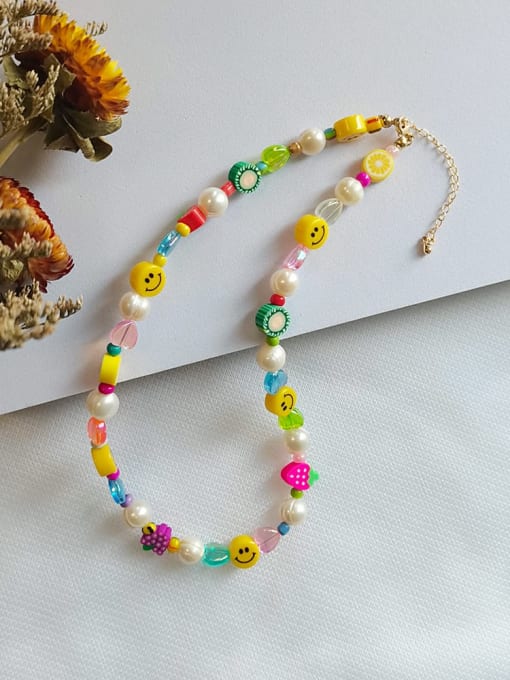 MMBEADS Freshwater Pearl Multi Color Polymer Clay Smiley Bohemia Necklace 0