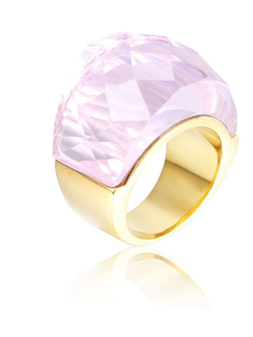 Gold Color, Pink Titanium Steel Glass Stone Geometric Ring with waterproof