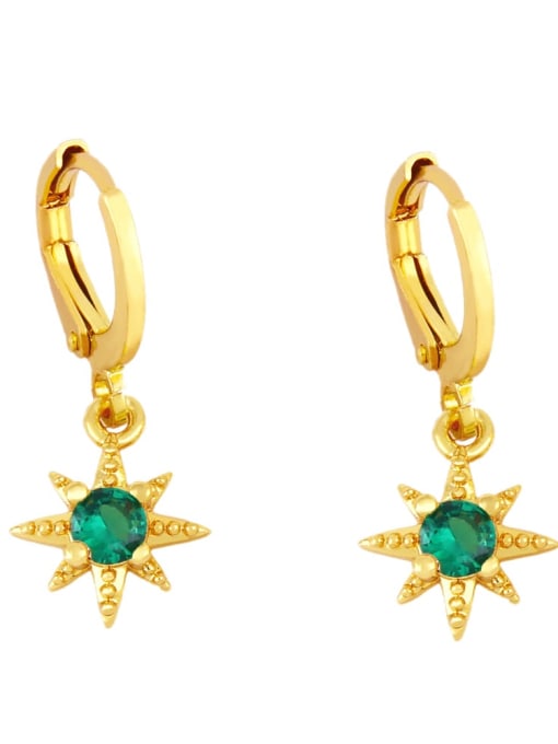 green Brass Glass Stone Star Minimalist Huggie Earring