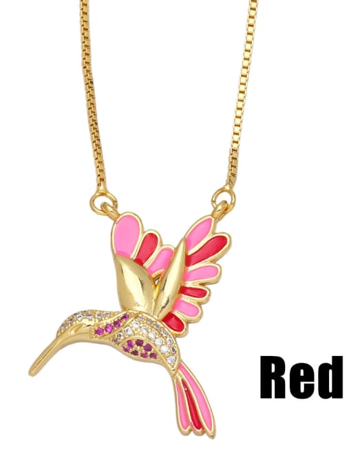 red Brass Cubic Zirconia Enamel Vintage Animal Bird  Pendant Necklace