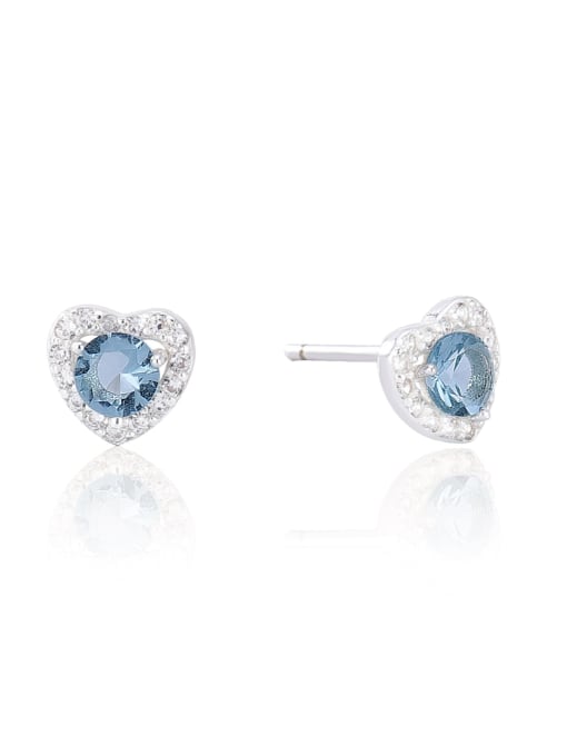 4mm water blue glass 925 Sterling Silver Birthstone Heart Minimalist Stud Earring