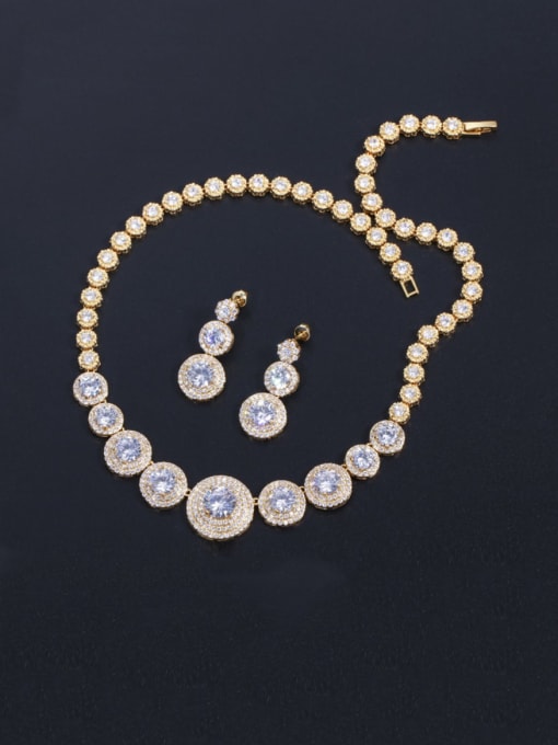 Gold white zirconium Brass Cubic Zirconia Luxury Round  Earring and Necklace Set