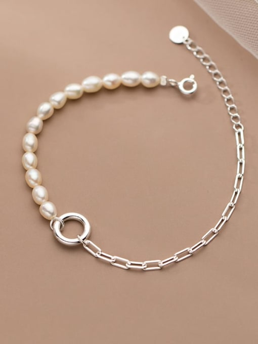 Rosh 925 Sterling Silver Freshwater Pearl Asymmetry Geometric Chain Minimalist Link Bracelet 0