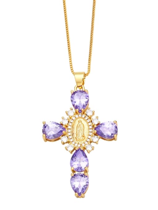 purple Brass Cubic Zirconia Cross Vintage Regligious Necklace