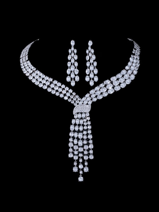 Two piece set Brass Cubic Zirconia Luxury Tassel Earring and Necklace Set