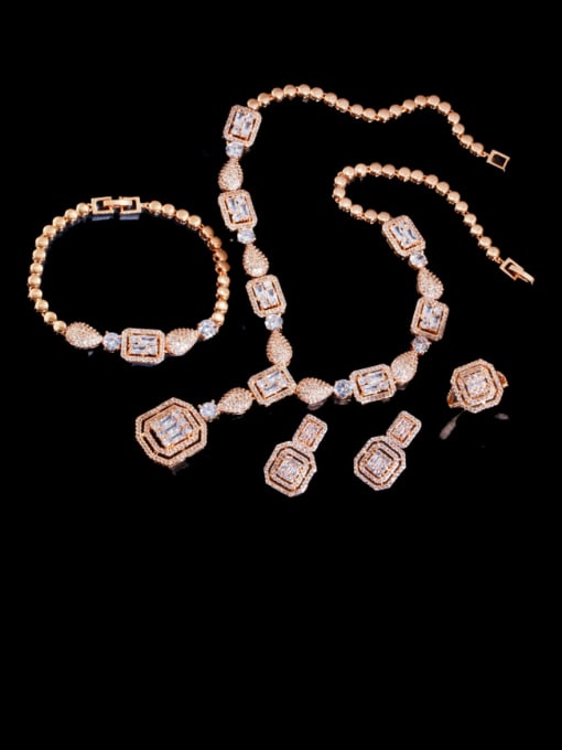 Champagne gold 4-piece set Brass Cubic Zirconia  Luxury Geometric Ring Earring Braclete And Necklace Set