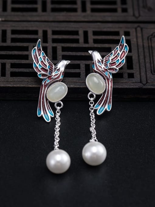SILVER MI 925 Sterling Silver Imitation Pearl Bird Vintage Threader Earring 2