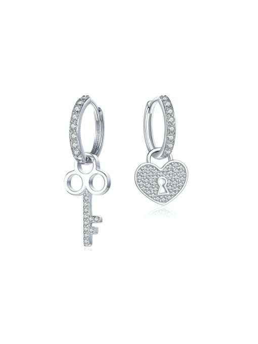 Asymmetrical Key Heart 925 Sterling Silver Cubic Zirconia Asymmetrical Key Heart Dainty Huggie Earring