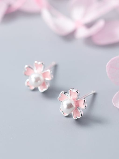 Rosh 925 sterling silver imitation pearl  enamel flower cute stud earring 3