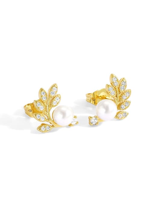 Golden olive leaf Pearl Earrings Brass Cubic Zirconia Leaf Minimalist Stud Earring