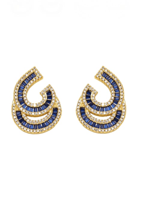 blue Brass Cubic Zirconia Geometric Luxury Double Layer C Shape  Stud Earring