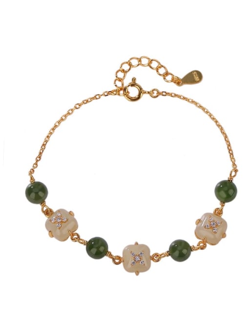 DEER 925 Sterling Silver Jade Flower Vintage Link Bracelet