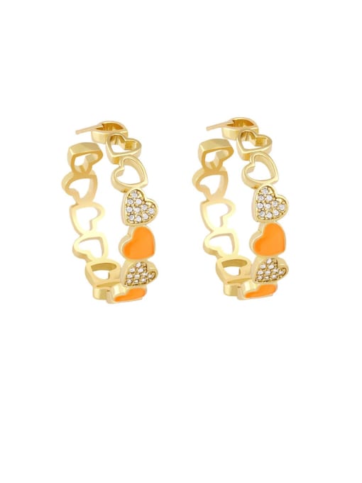 orange Brass Cubic Zirconia Enamel Heart Minimalist Huggie Earring