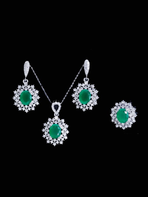 Frosted Green US 6 Brass Cubic Zirconia Luxury Geometric Earring Ring and Necklace Set