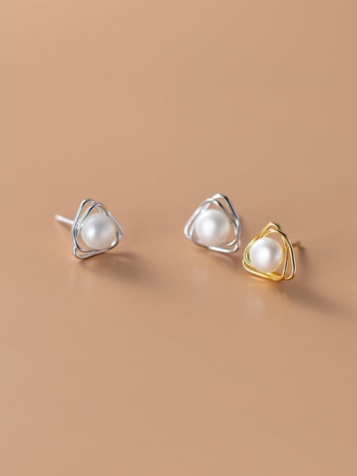Rosh 925 Sterling Silver Imitation Pearl Triangle Minimalist Stud Earring 1