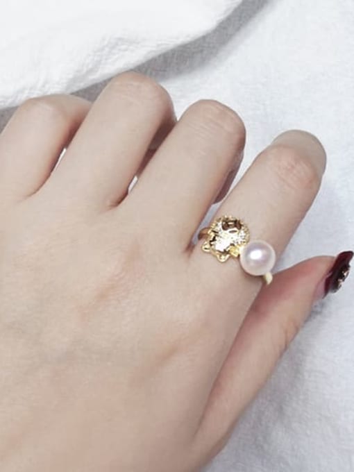 RAIN Brass Freshwater Pearl Cat Vintage Band Ring 1