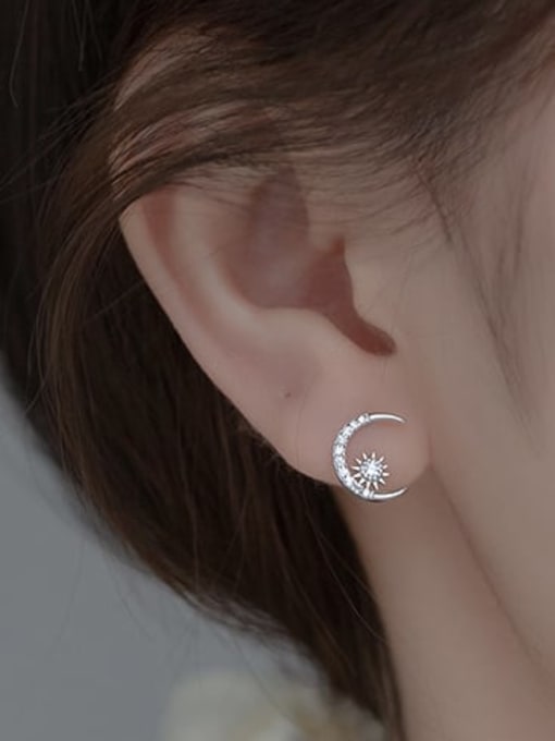 Rosh 925 Sterling Silver Rhinestone Cute  Asymmetry Moon Sun Stud Earring 2