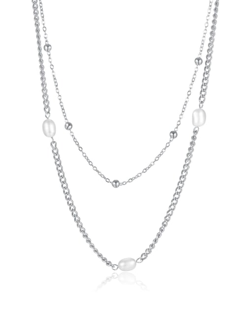 2158 Steel Necklace Titanium Steel Freshwater Pearl Tassel Minimalist Multi Strand Necklace