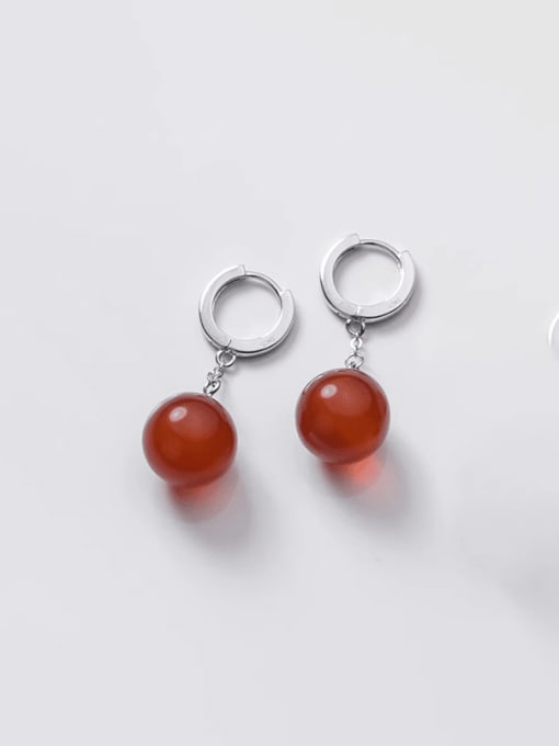 Red Pearl Silver Style 925 Sterling Silver Natural Stone Ball Minimalist Huggie Earring