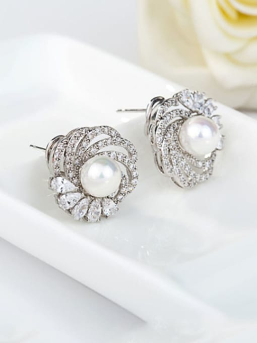 BLING SU Copper Imitation Pearl White Flower Dainty Stud Earring 1