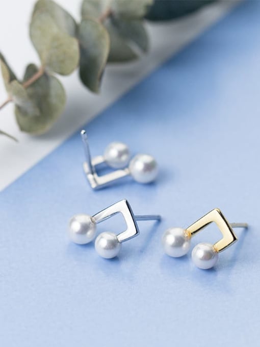Rosh 925 Sterling Silver Imitation Pearl Geometric Minimalist Note Stud Earring 2