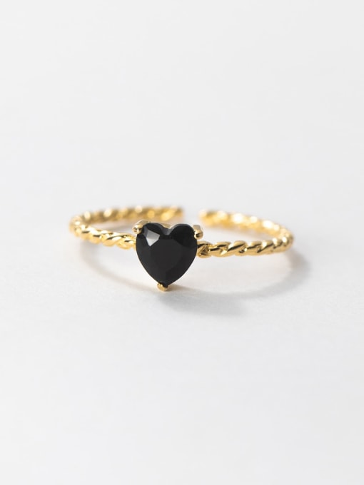 Gold 925 Sterling Silver Obsidian Heart Dainty Band Ring