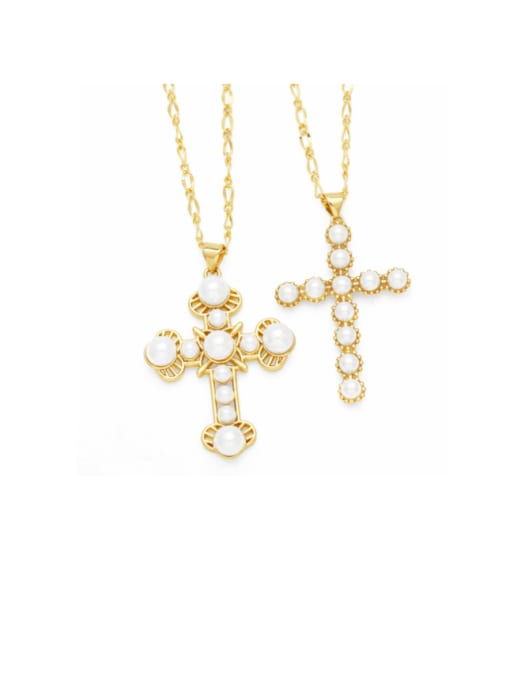 CC Brass Imitation Pearl Cross Hip Hop Regligious Necklace
