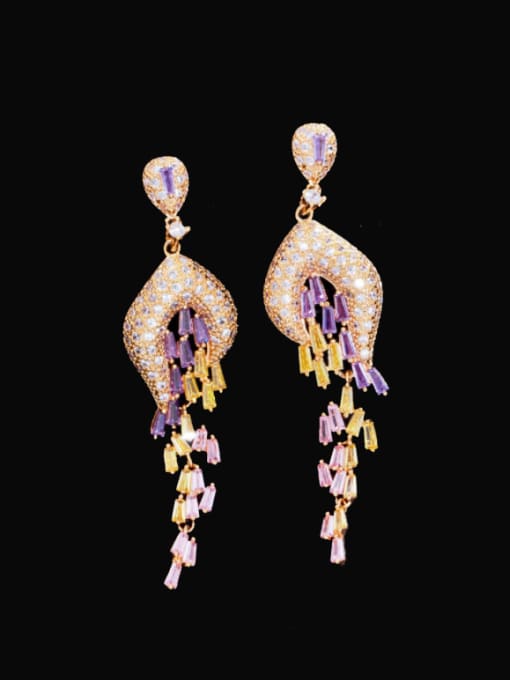 Gold color Brass Cubic Zirconia Tassel Statement Cluster Earring