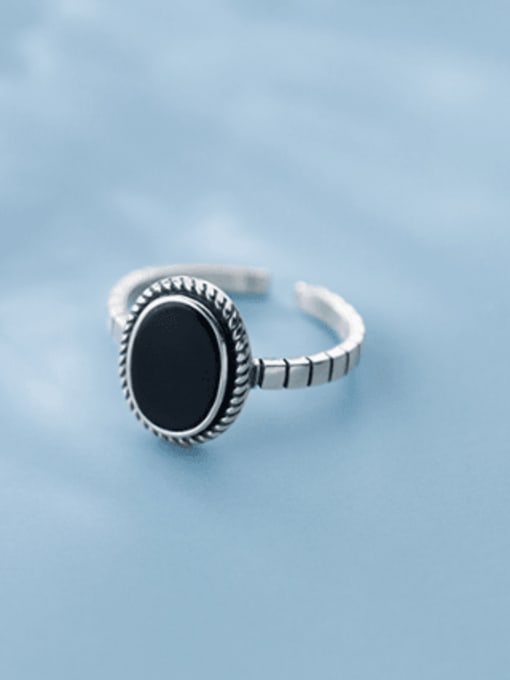 Rosh 925 Sterling Silver Simple Black Epoxy Oval Free Size  Ring