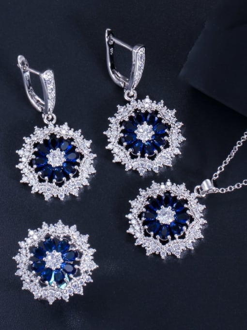 Blue Ring Size 6 Dainty Flower Brass Cubic Zirconia Earring Ring and Necklace Set