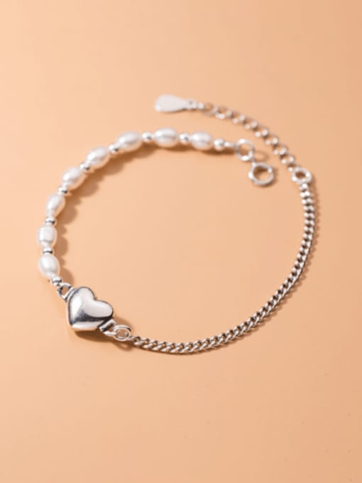 Rosh 925 Sterling Silver Freshwater Pearl Heart Minimalist Asymmetry  Link Bracelet 0