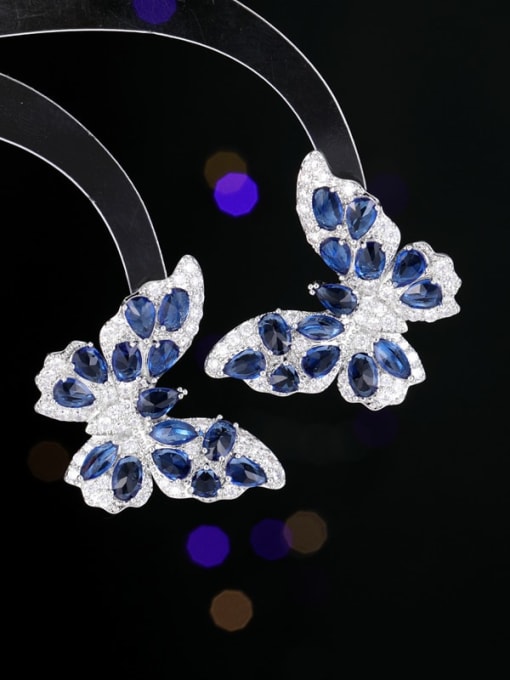 Platinum  Blue  Large Brass Cubic Zirconia Butterfly Luxury Cluster Earring