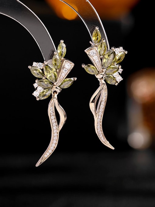 Olive green Brass Cubic Zirconia Flower Luxury Cluster Earring