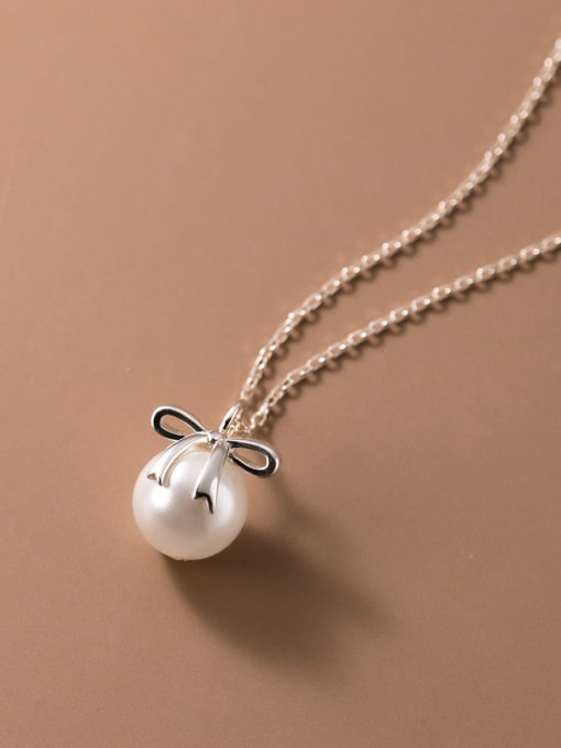 Rosh 925 Sterling Silver Imitation Pearl Bowknot Minimalist Necklace