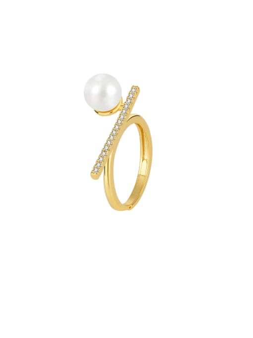 Gold Zircon Shell Pearl Ring Brass Imitation Pearl Geometric Minimalist Band Ring