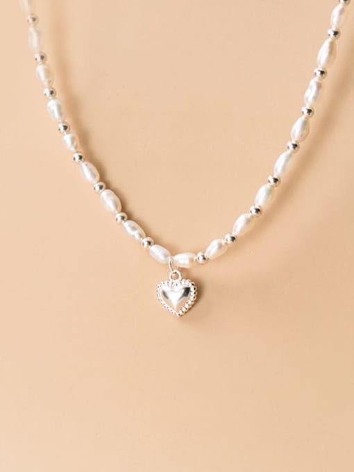 Rosh 925 Sterling Silver Imitation Pearl Heart Minimalist Choker Necklace 2