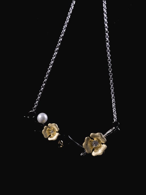 Gun Black Plum Branch Necklace 925 Sterling Silver Cubic Zirconia Flower Vintage  Plum Branch  Pendant Necklace
