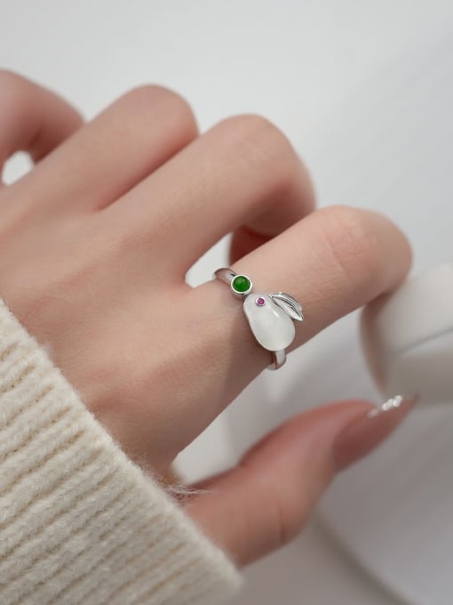 Silver 925 Sterling Silver Jade Rabbit Cute Band Ring