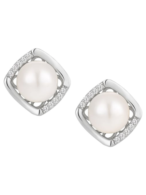 Platinum 925 Sterling Silver Imitation Pearl Square Minimalist Stud Earring