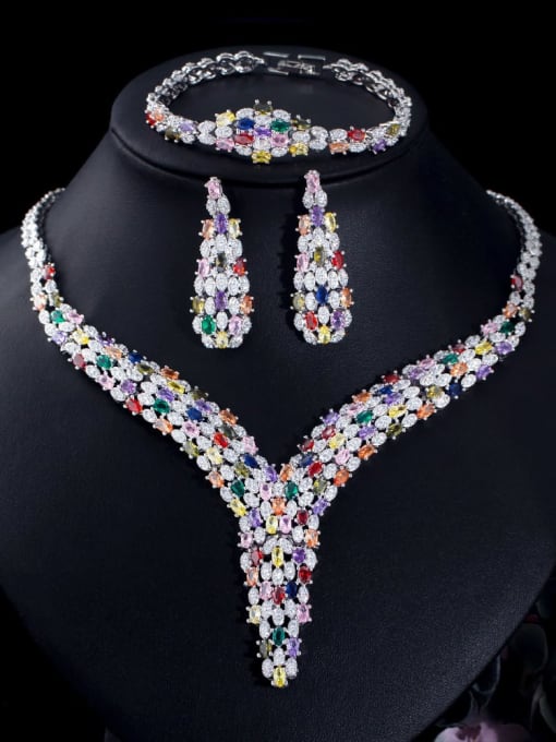 Four piece suit Brass Cubic Zirconia Luxury Water Drop  Ring Earring Bangle And Necklace Set