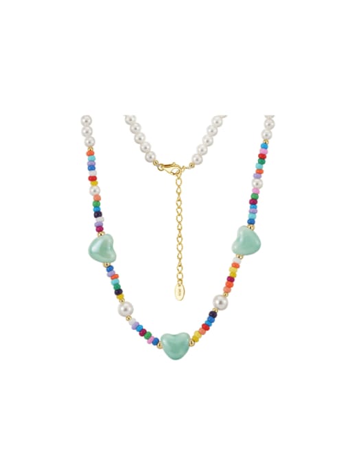 PSN07 14K gold 925 Sterling Silver Natural Stone Heart Trend Beaded Necklace