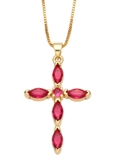 Rose red Brass Cubic Zirconia Cross Vintage Regligious Necklace