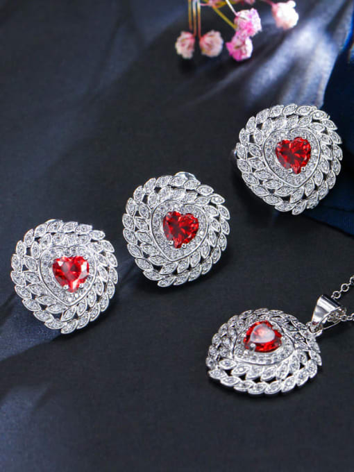 Red ring size 7 Brass Cubic Zirconia Luxury Heart Earring Ring and Necklace Set