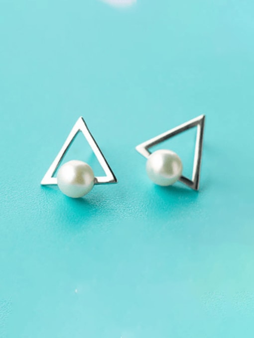 Rosh 925 Sterling Silver Imitation Pearl Triangle Minimalist Stud Earring 0