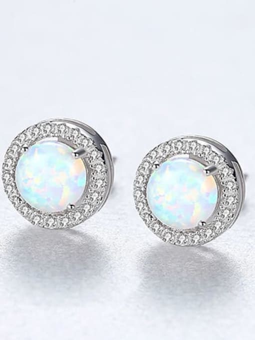 White 18H04 925 Sterling Silver Opal Round Minimalist Stud Earring