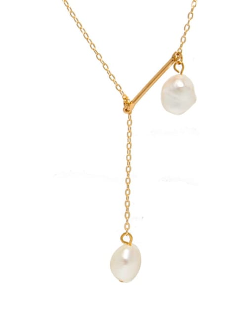 RAIN Brass Freshwater Pearl Tassel Minimalist Lariat Necklace