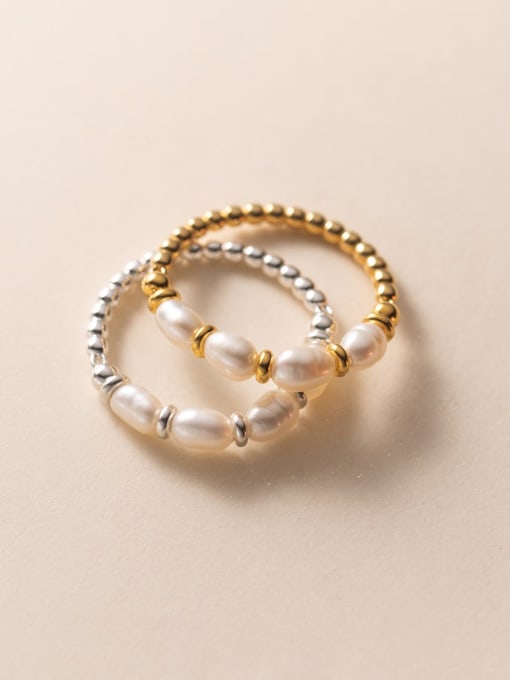 Rosh 925 Sterling Silver Imitation Pearl Geometric Minimalist Bead Ring 2