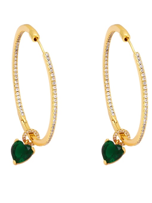 green Brass Cubic Zirconia Heart Vintage Huggie Earring